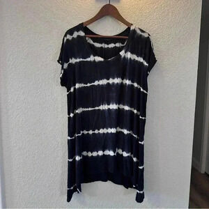 Black Navy White Tie-Dye High-Low Tunic Top Short Sleeve Flows Lightweight Large